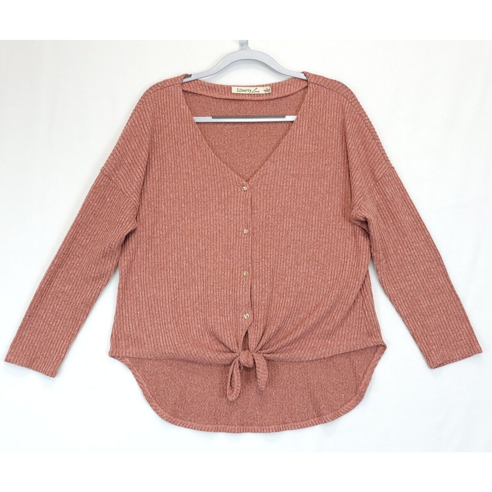 Liberty Love Front Tie High‎ Low Ribbed Sweater Gold Button Women L V Neck Rose